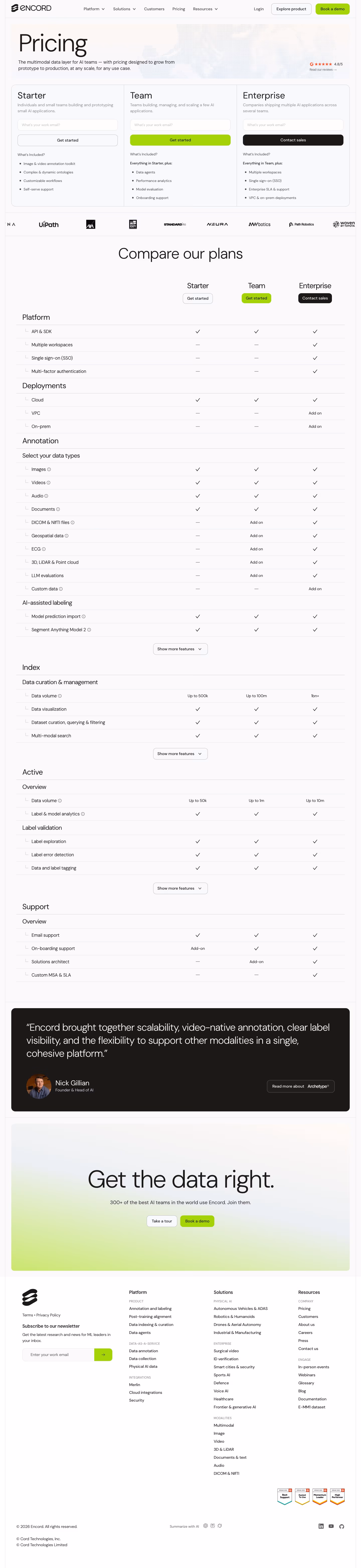 Encord Pricing & Plans section design