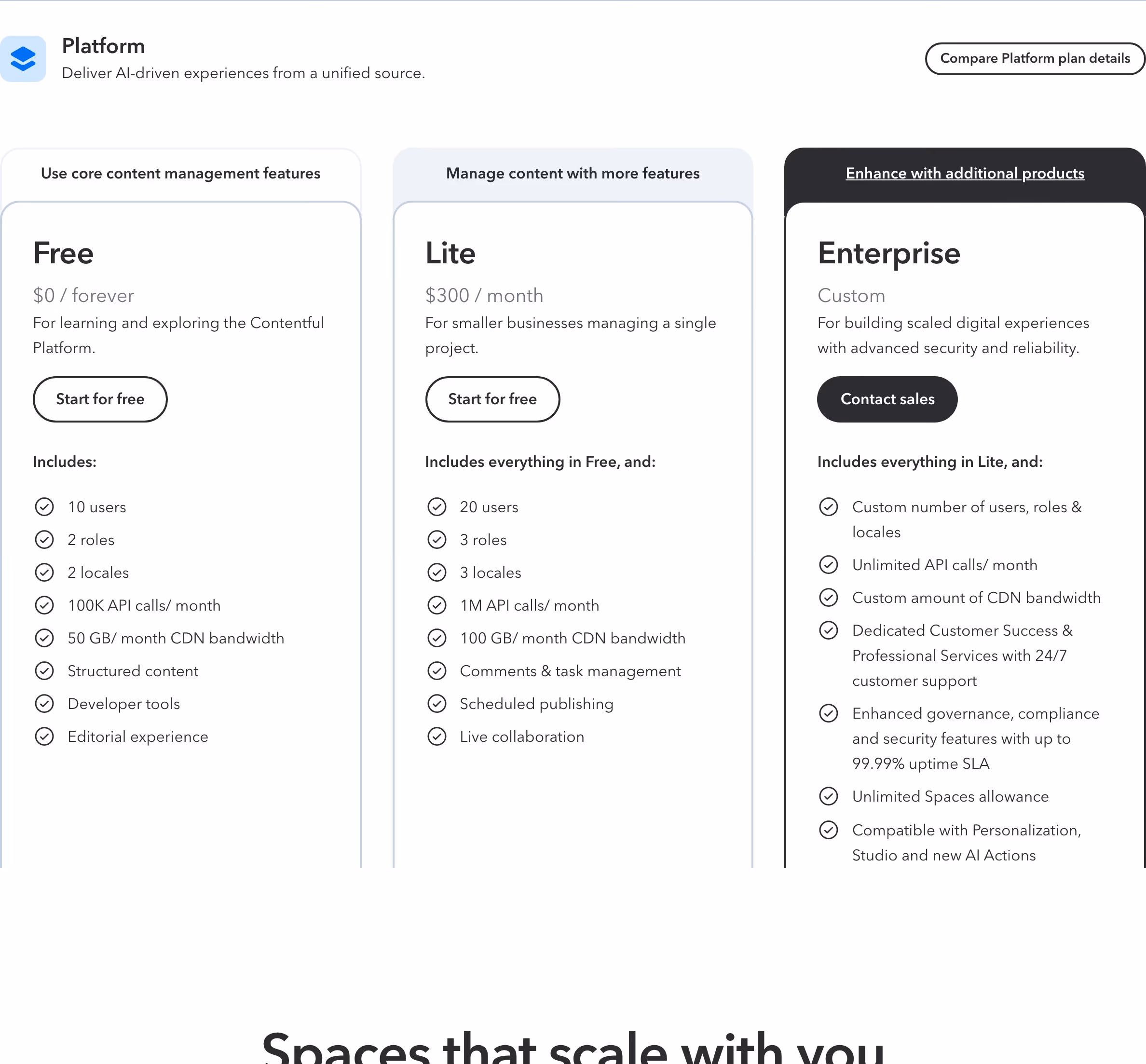 Contentful Pricing section design