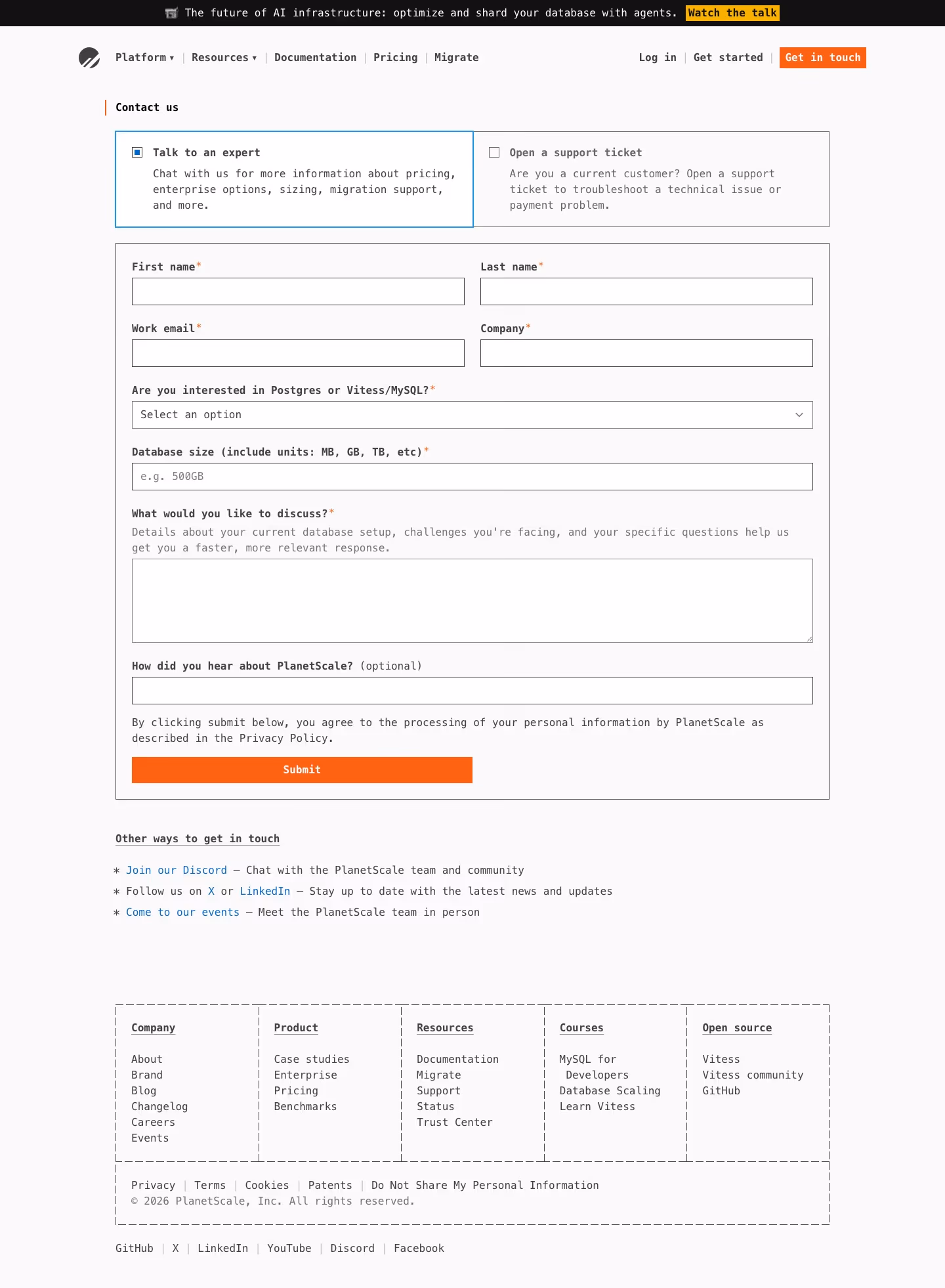 Planetscale contact — Engineering & Infrastructure