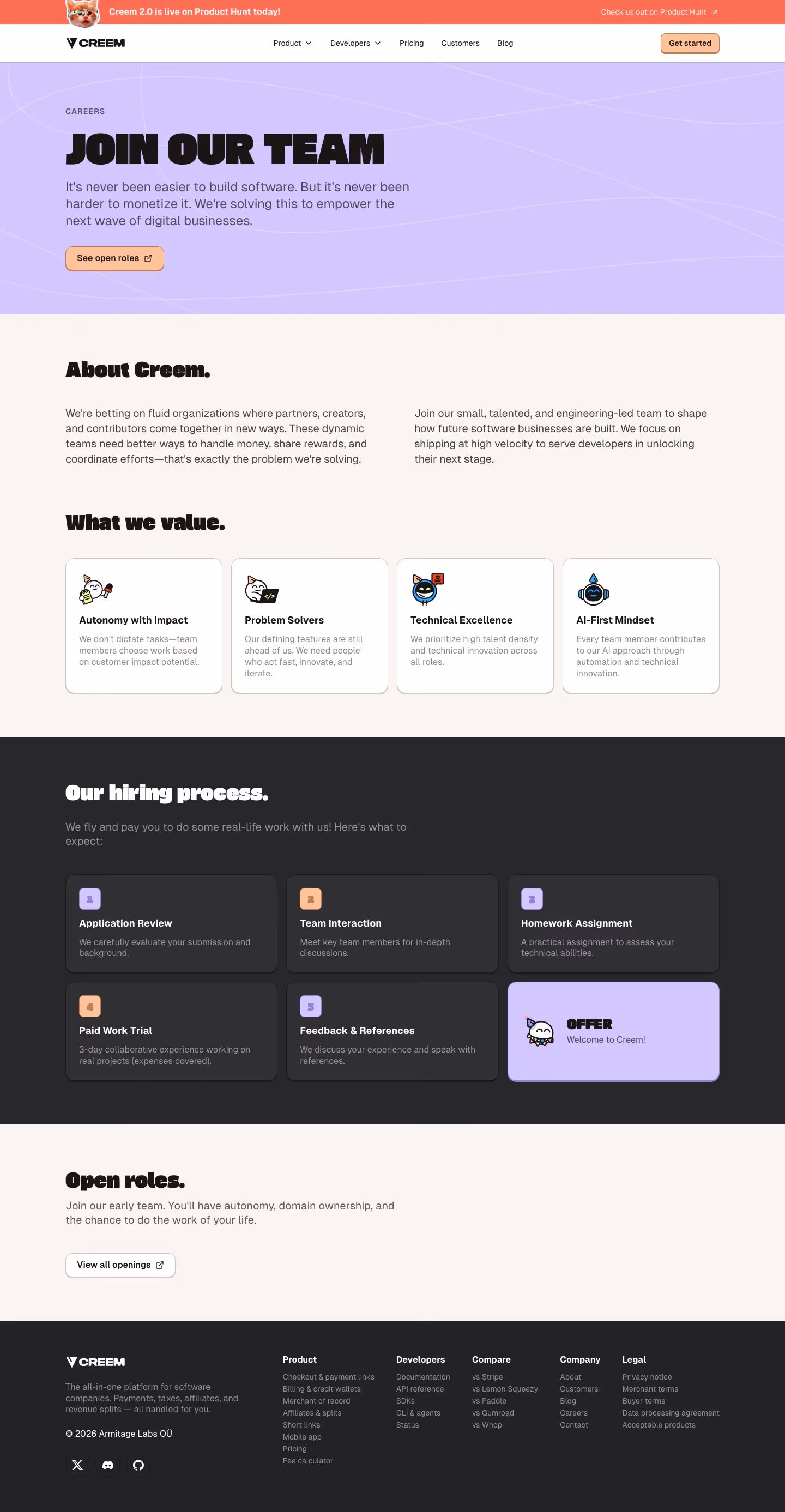 Creem Careers pages section design
