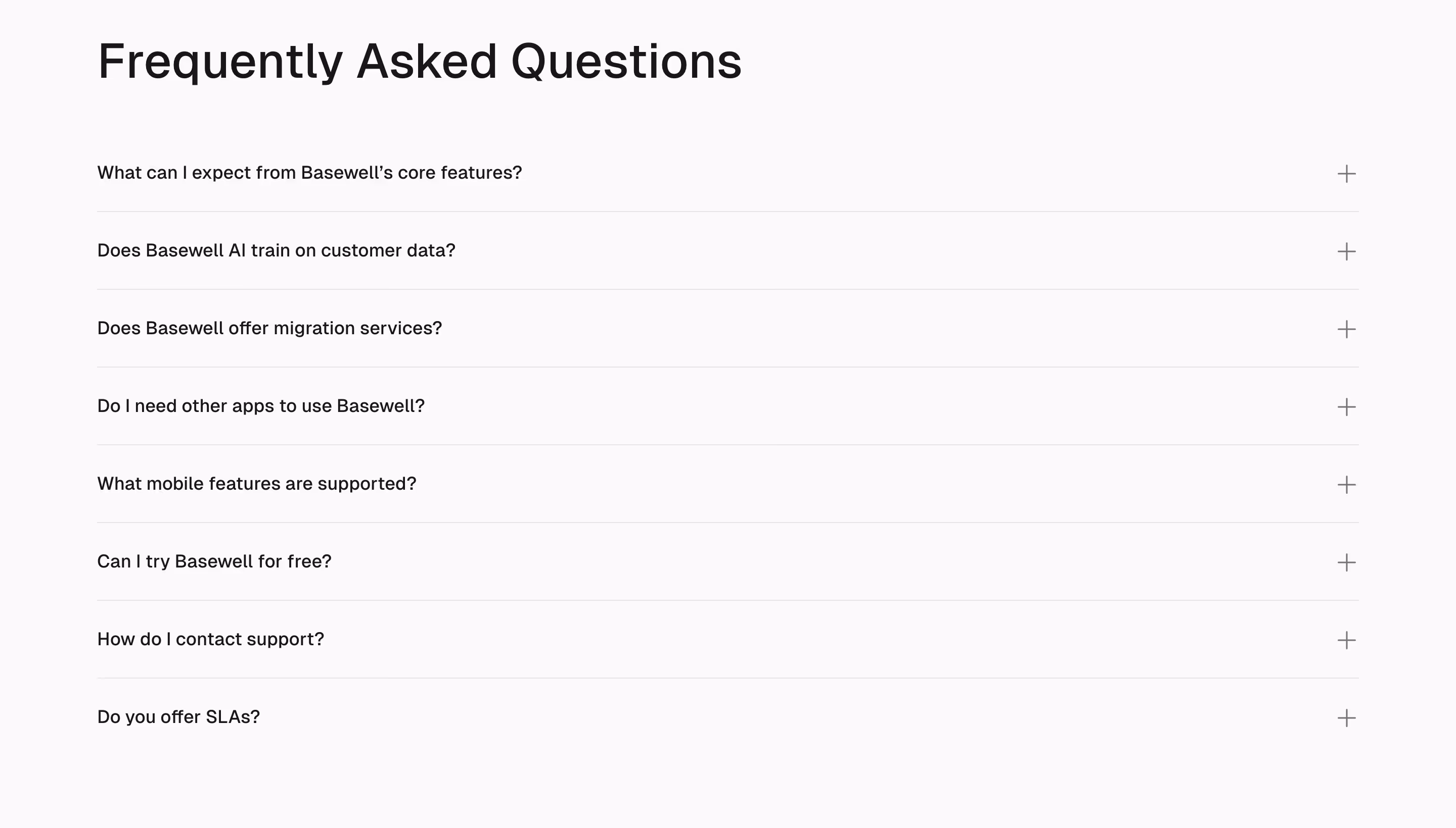 Basewell FAQs section design