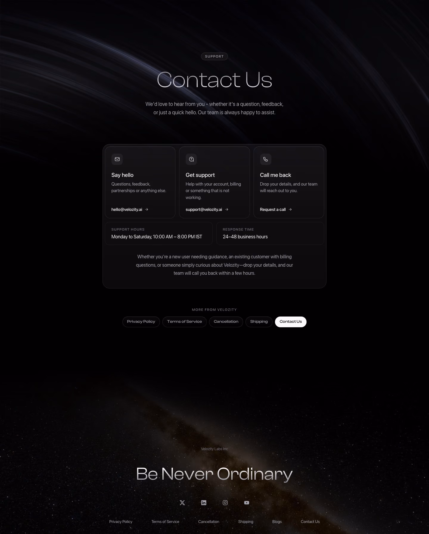Velozity Contact Us section design