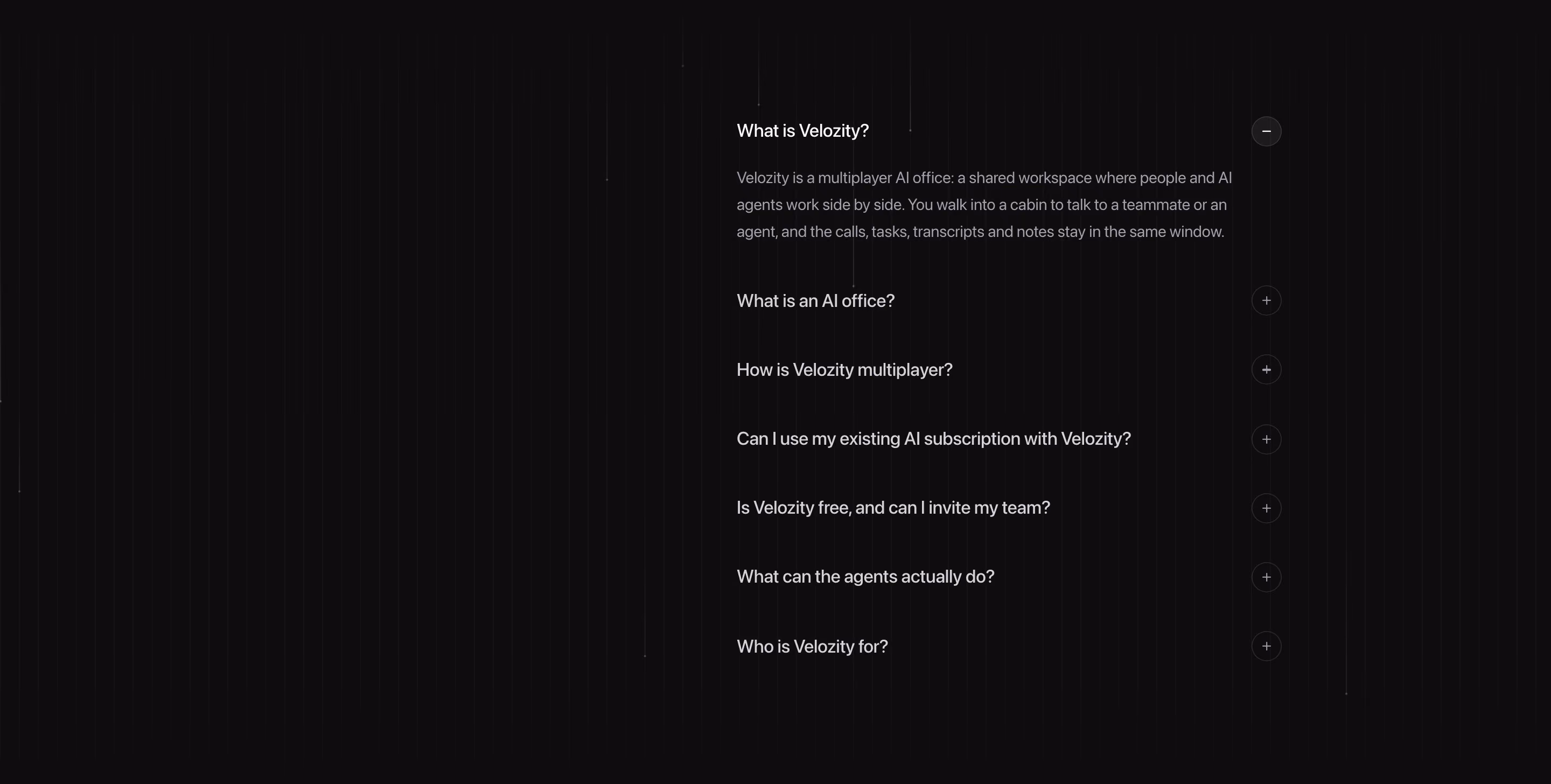 Velozity FAQs section design