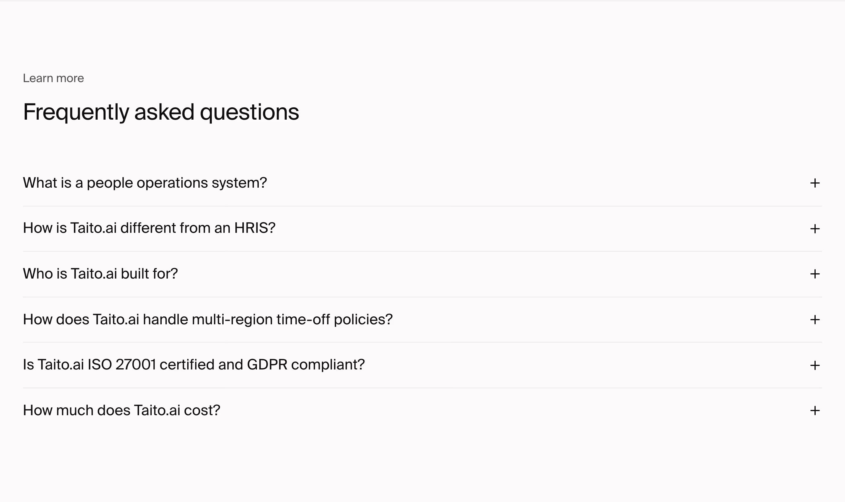 Taito FAQs section design