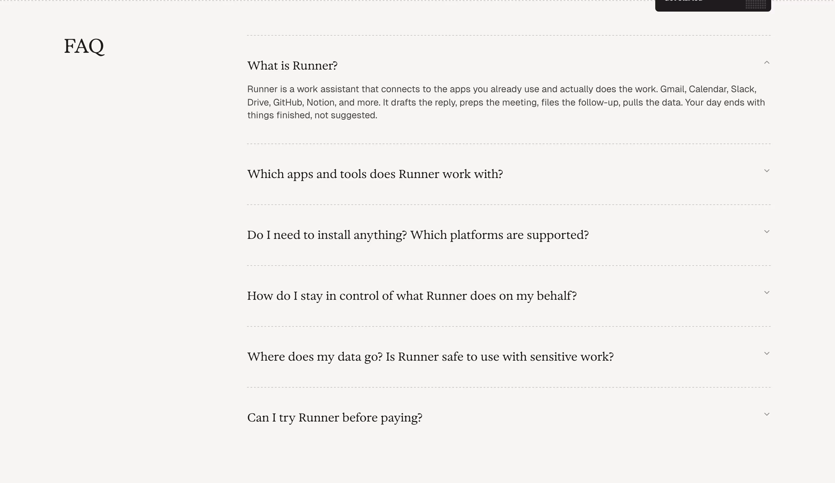 Runner FAQs section design
