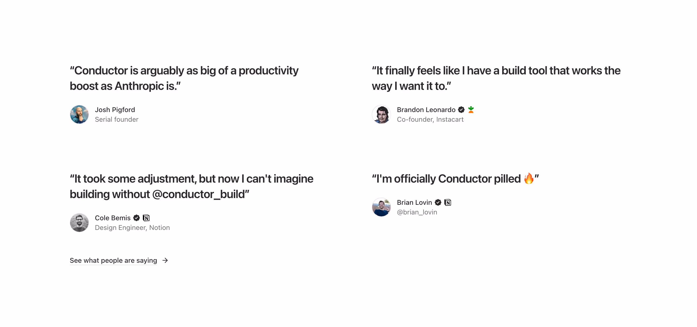 Conductor Testimonials section design