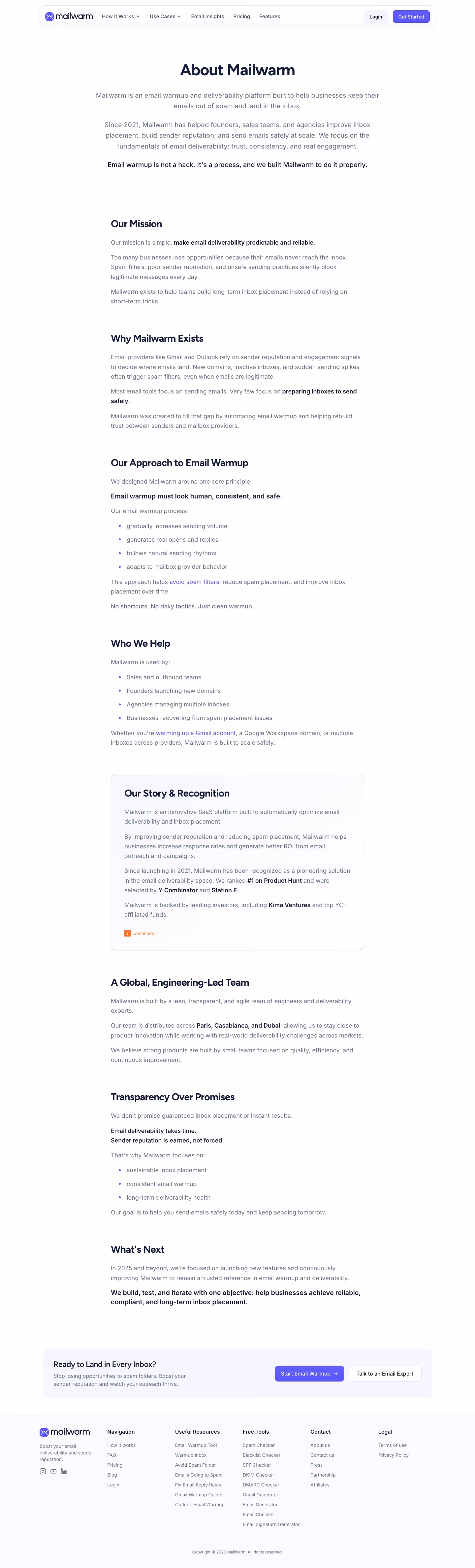 Mailwarm About Us section design