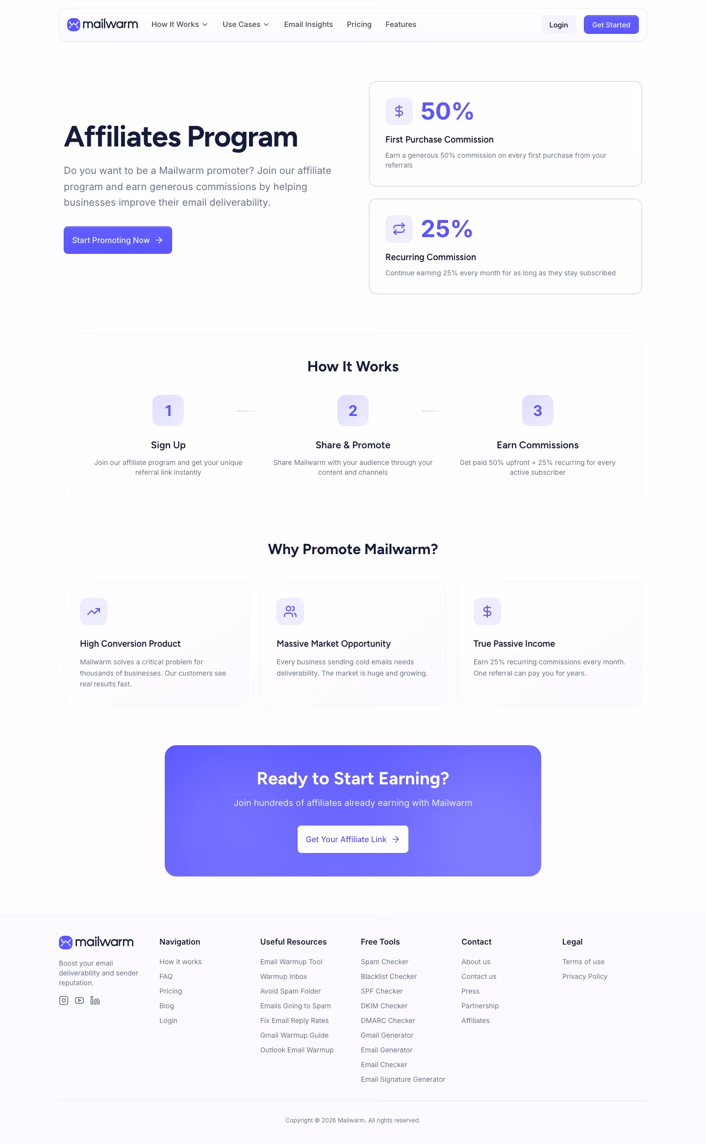 Mailwarm Affiliate pages section design