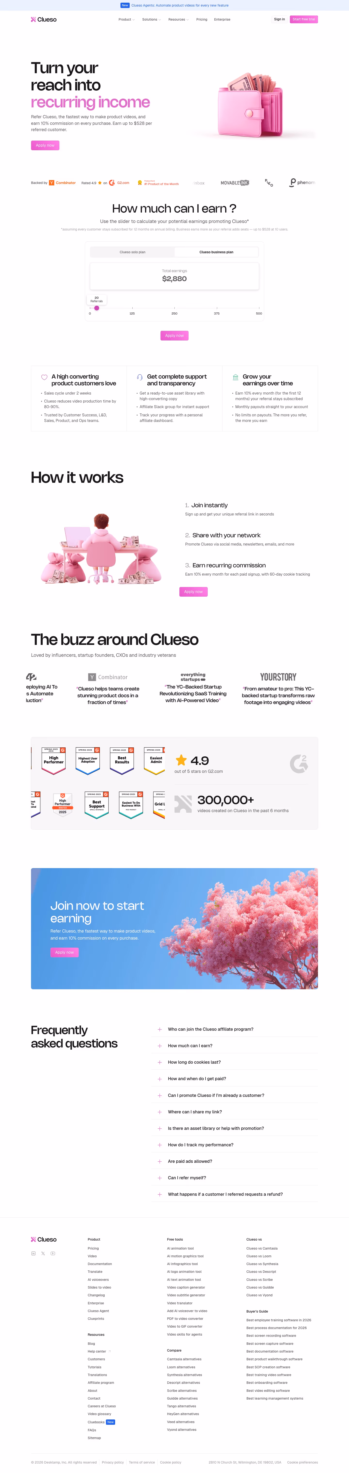 Clueso Affiliate pages section design
