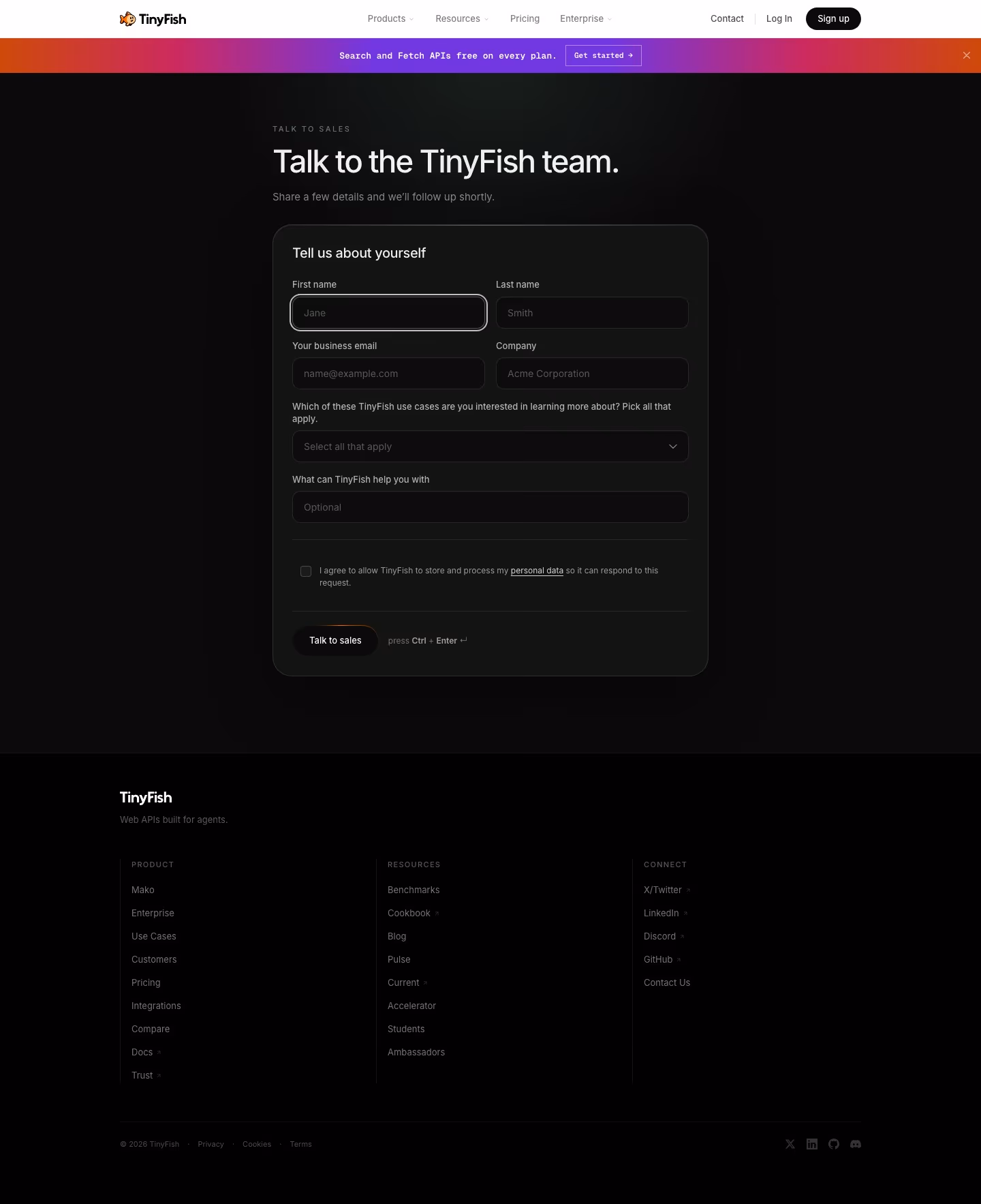 Tinyfish Contact Us section design