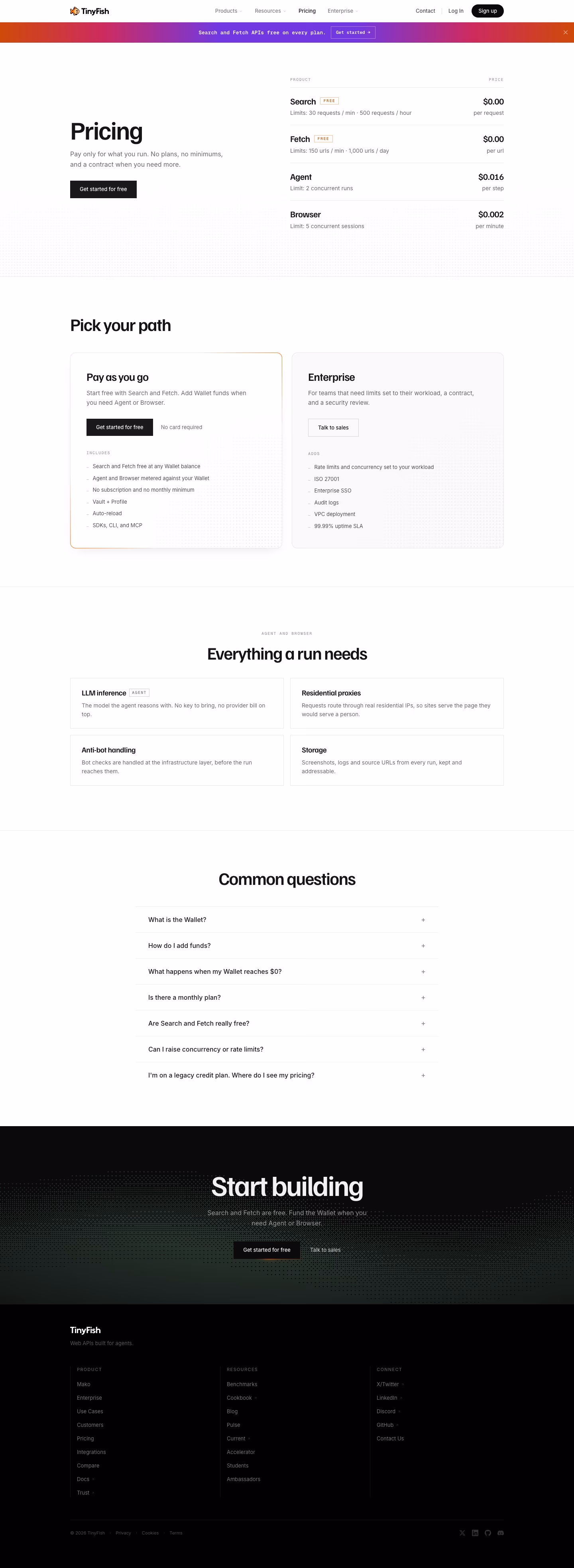 Tinyfish Pricing & Plans section design
