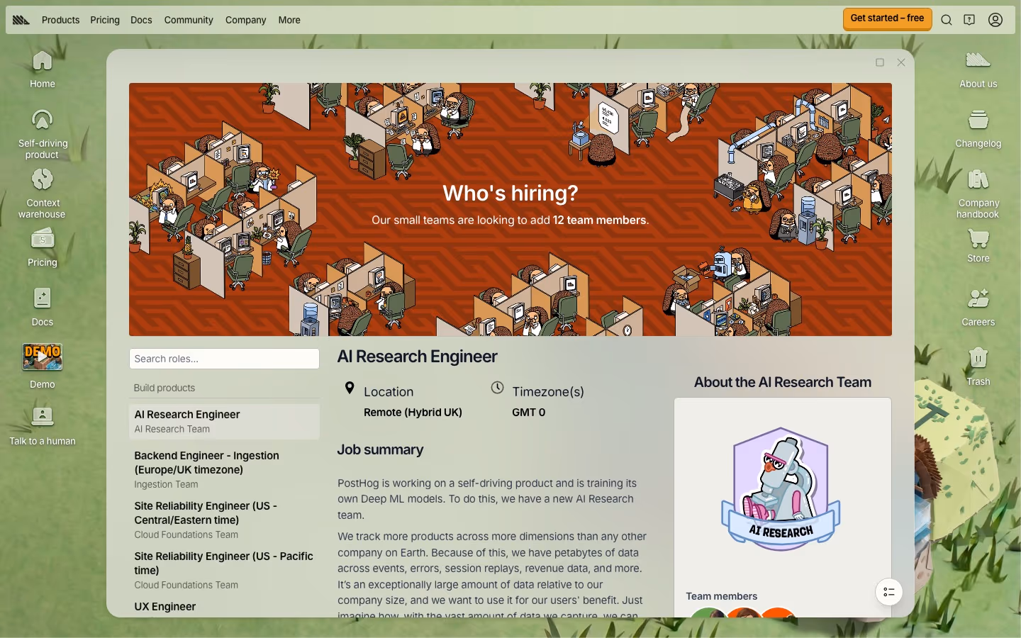 Posthog Careers pages section design