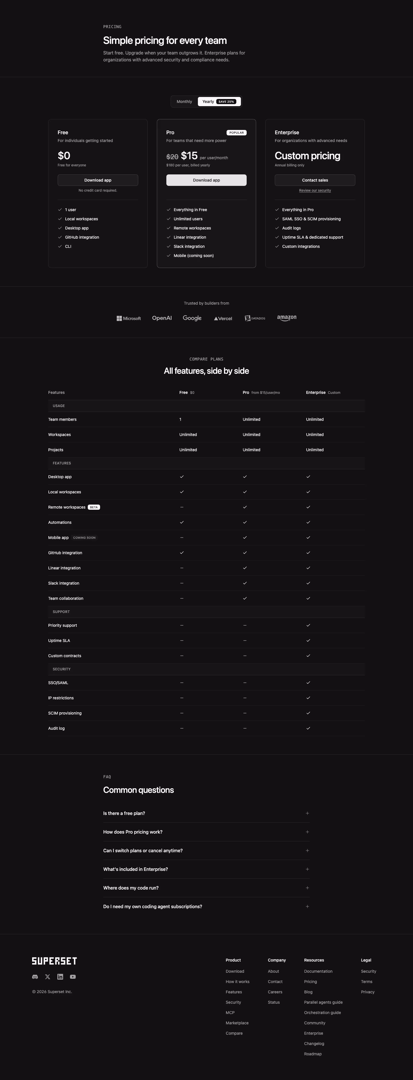 Superset Pricing & Plans section design