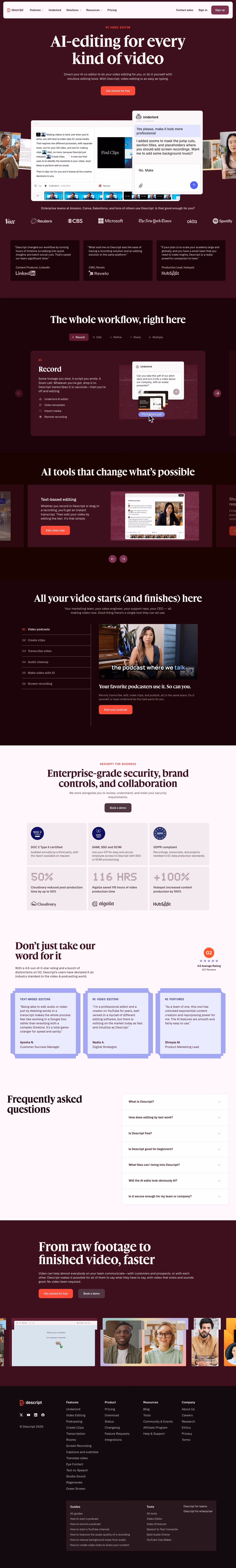 Descript landing page design — Productivity & Collaboration