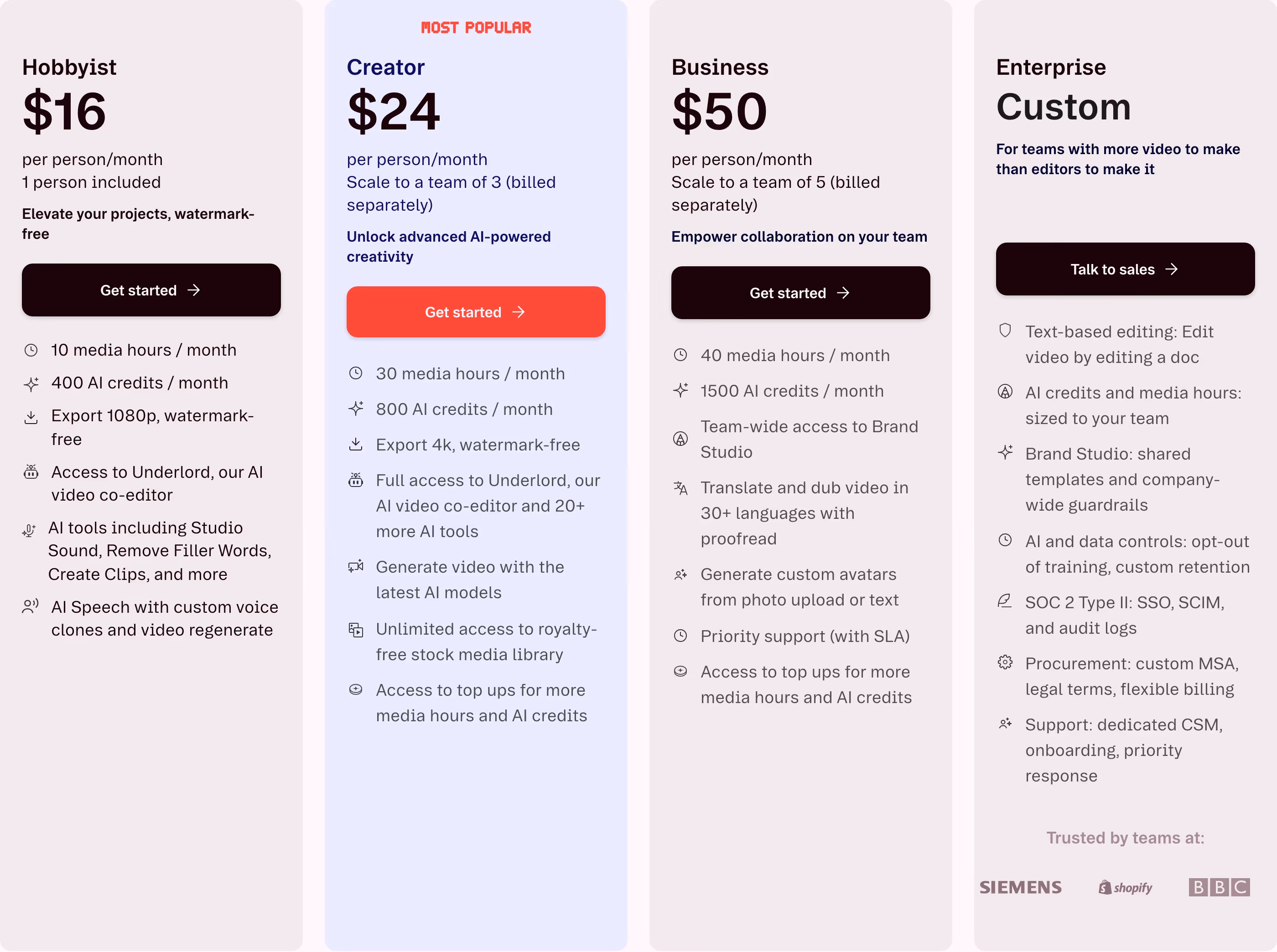 Descript pricing design — Productivity & Collaboration