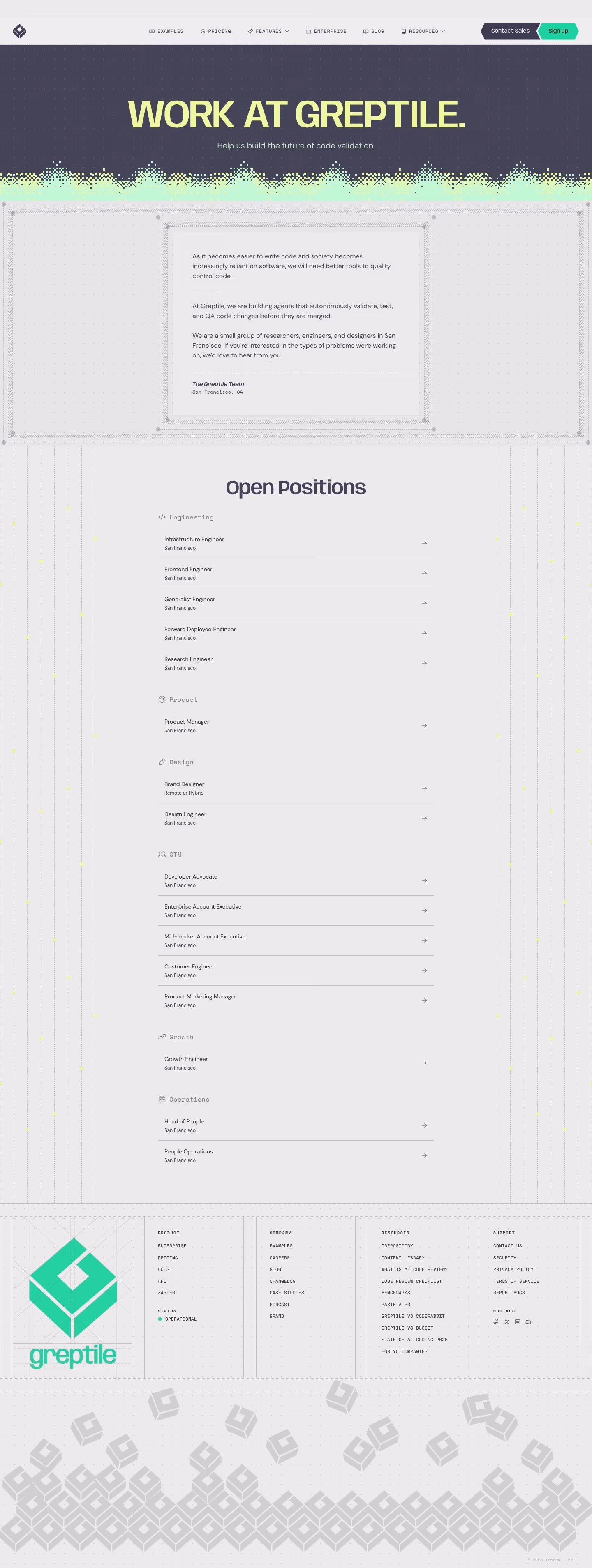 Greptile Careers pages section design