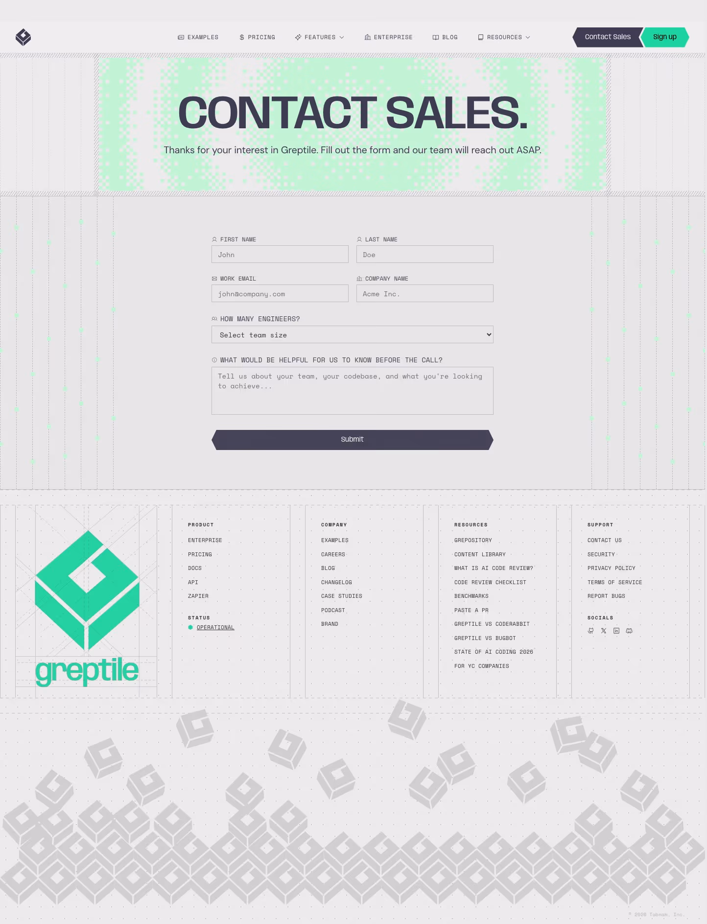Greptile Contact Us section design