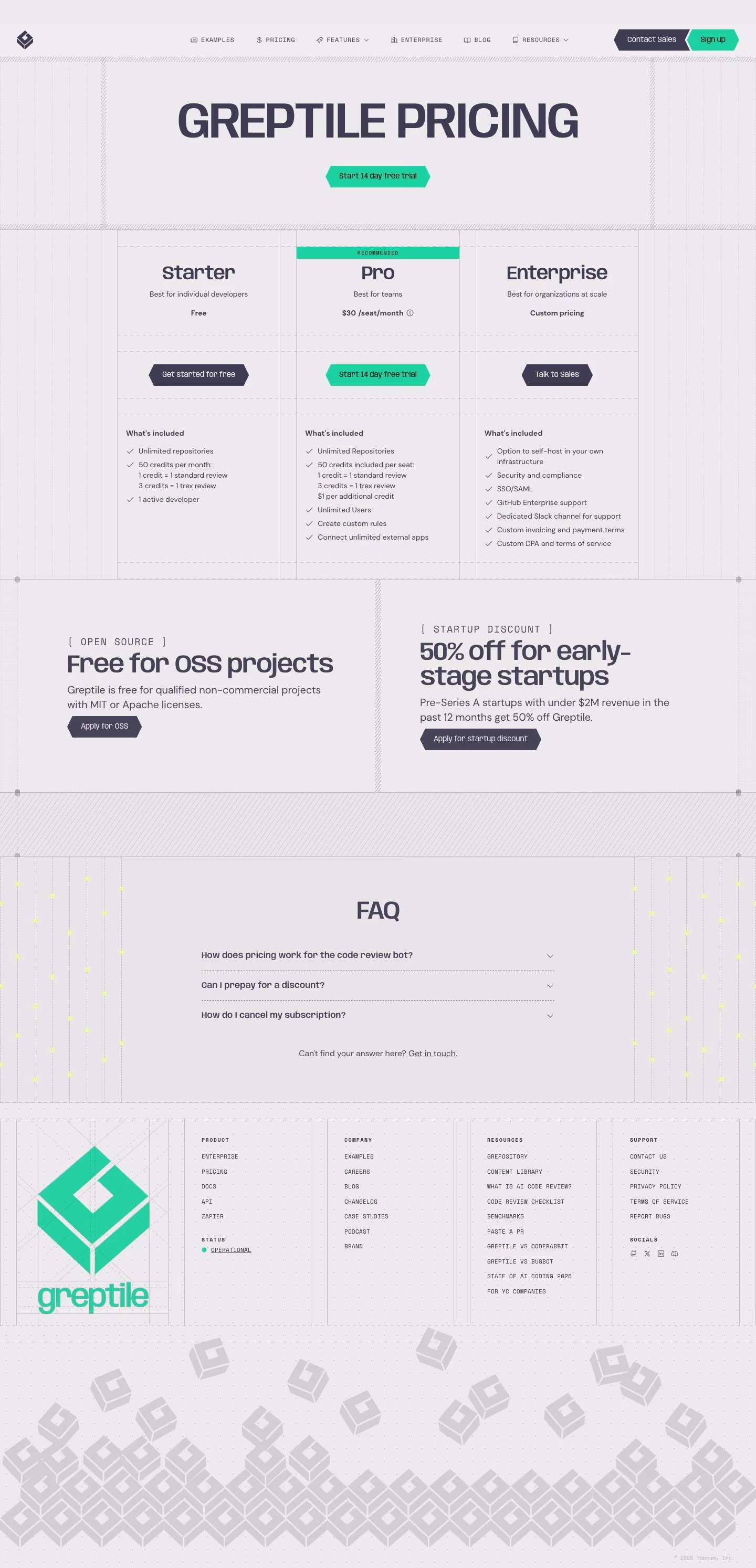 Greptile Pricing & Plans section design