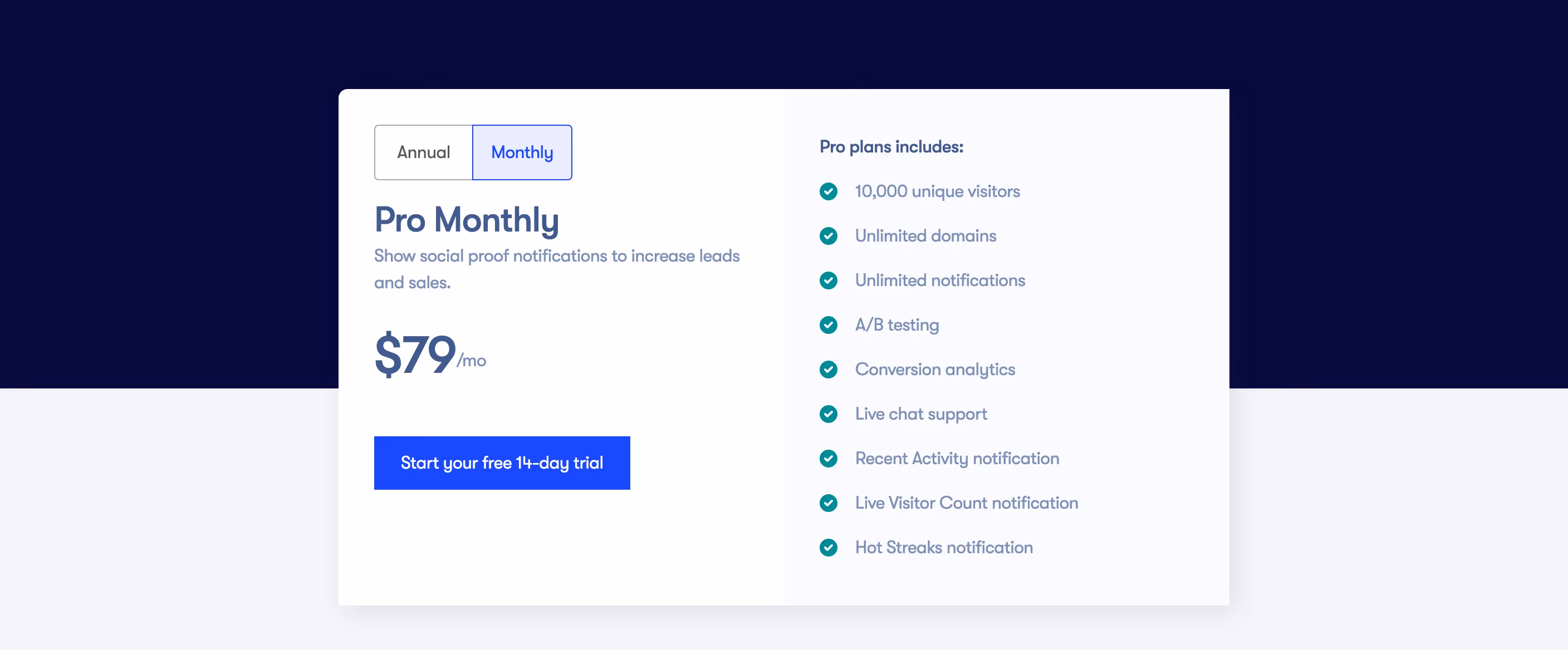 Useproof Pricing section design