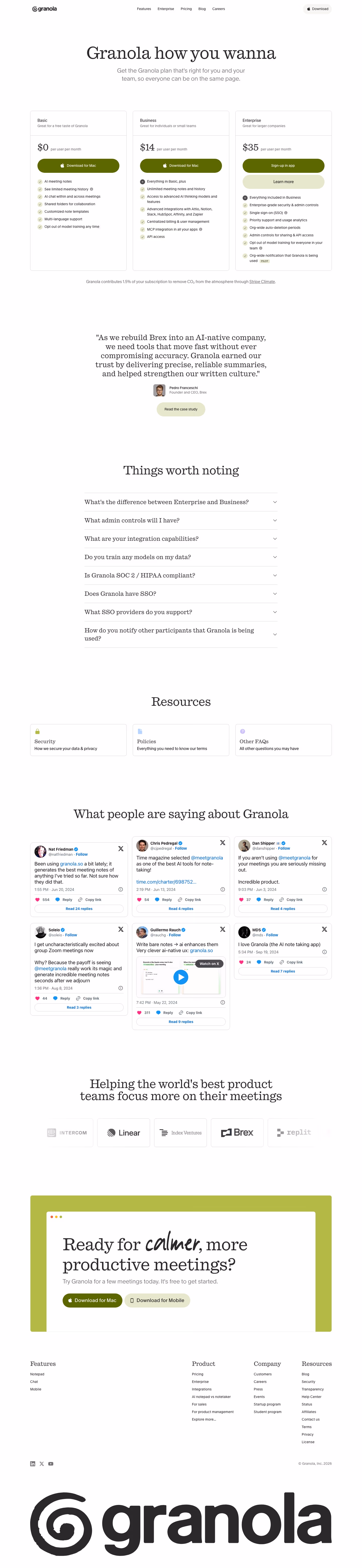 Granola Pricing & Plans section design