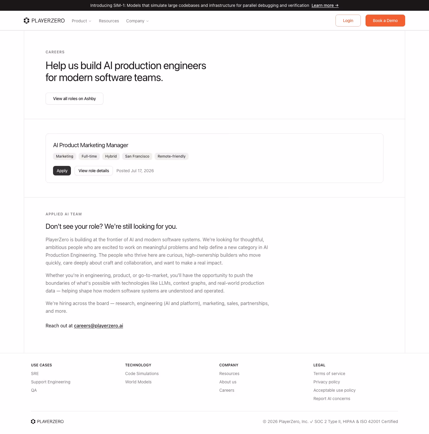 PlayerZero Careers pages section design