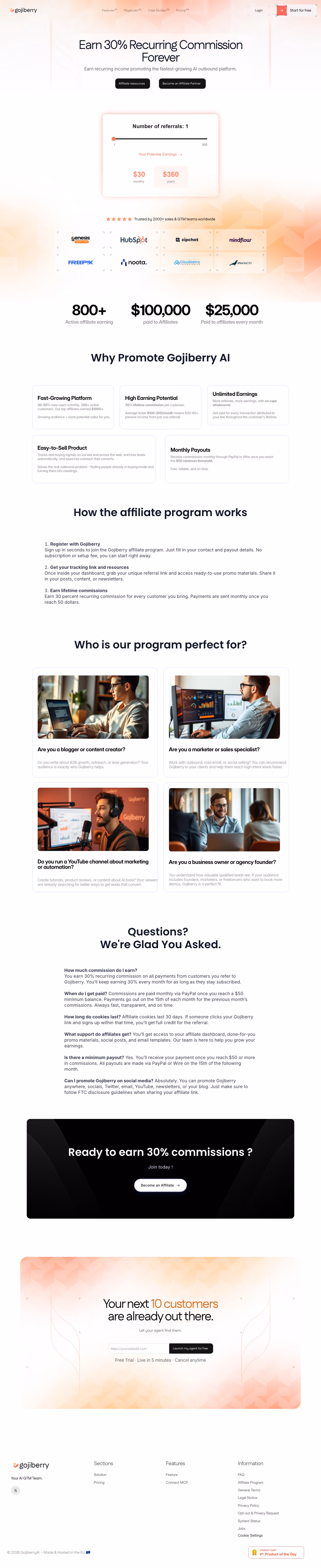 Gojiberry Affiliate pages section design