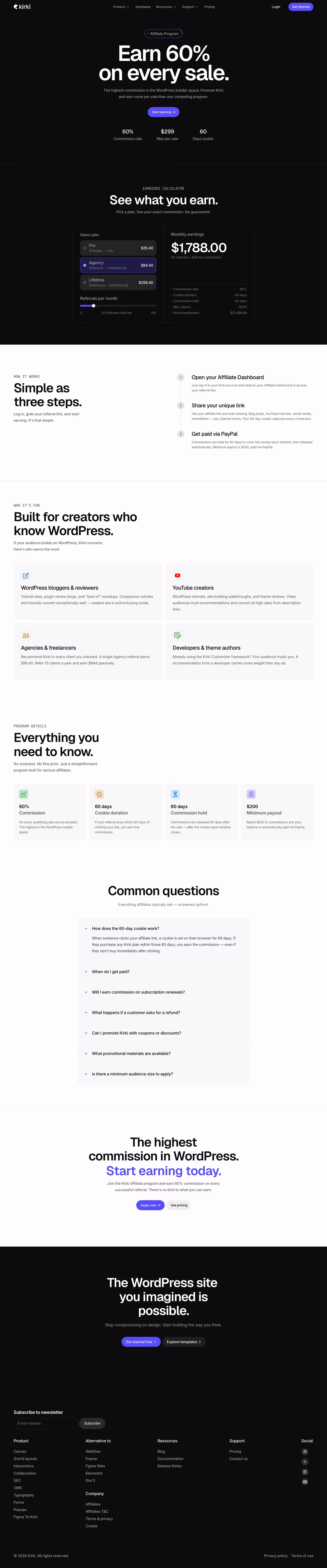 Kirki Affiliate pages section design