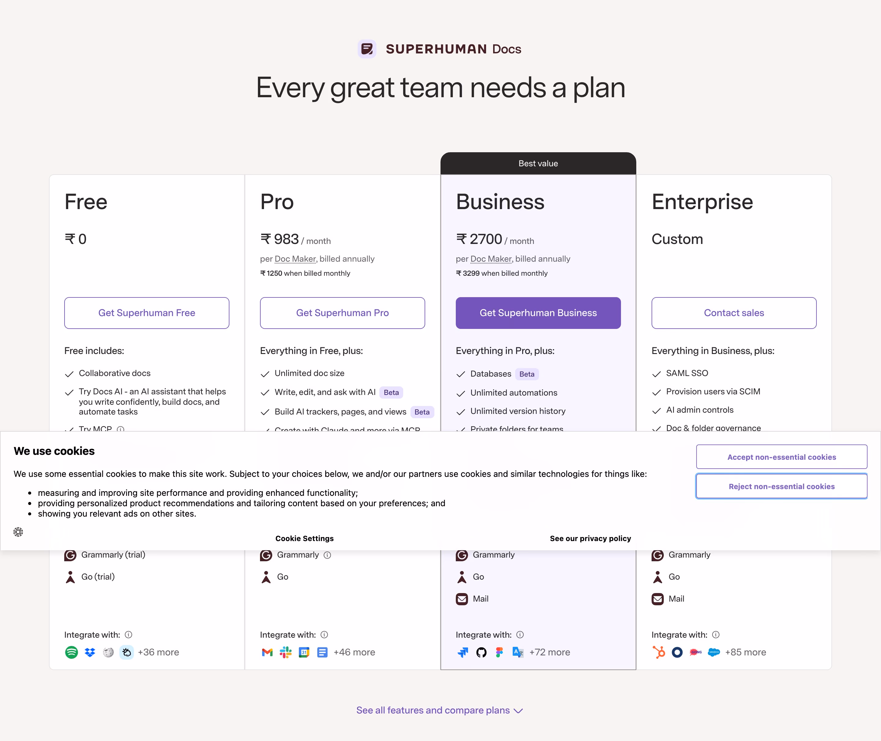 Coda Pricing section design