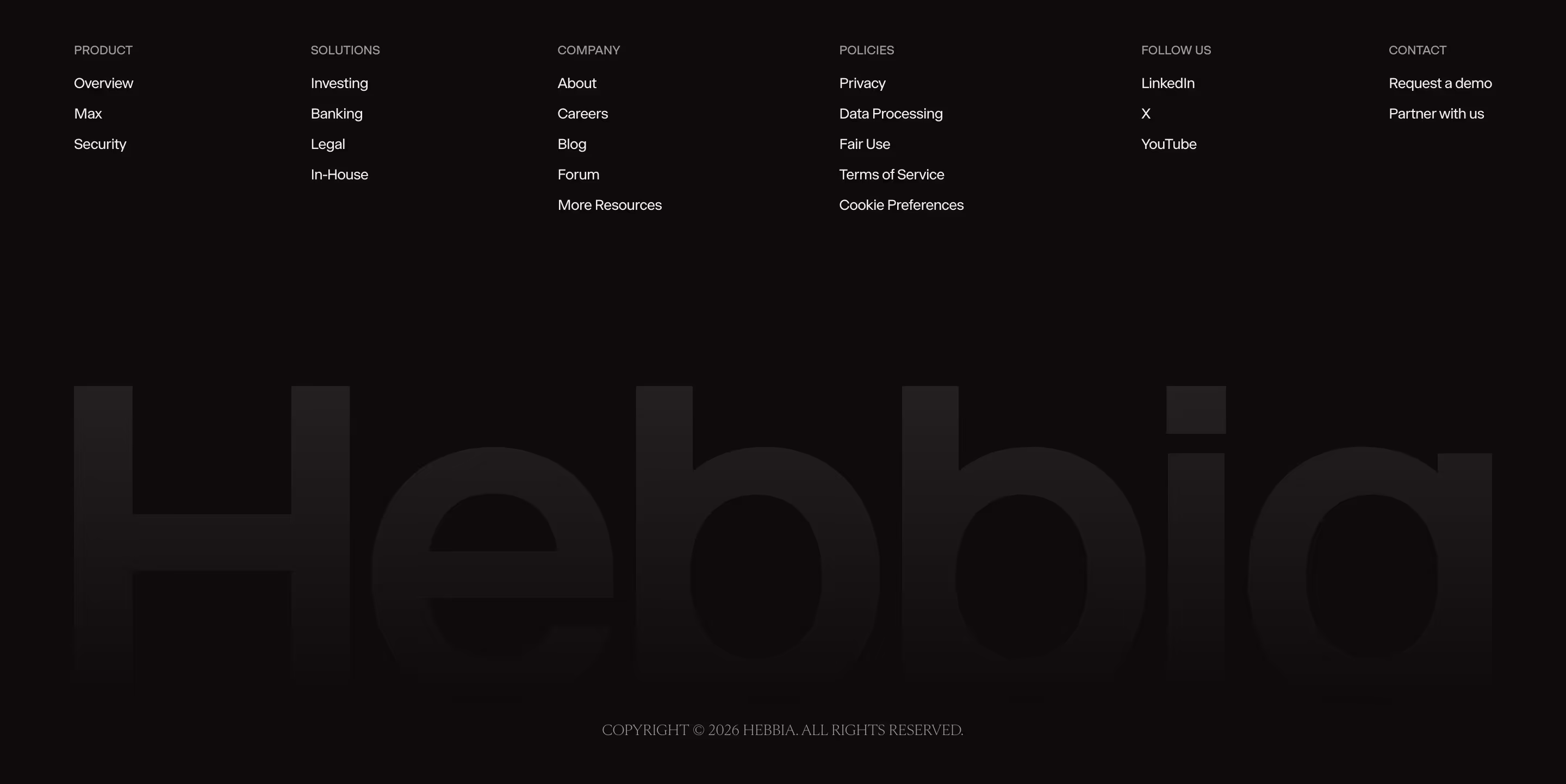 Hebbia footer design — Finance & Commerce