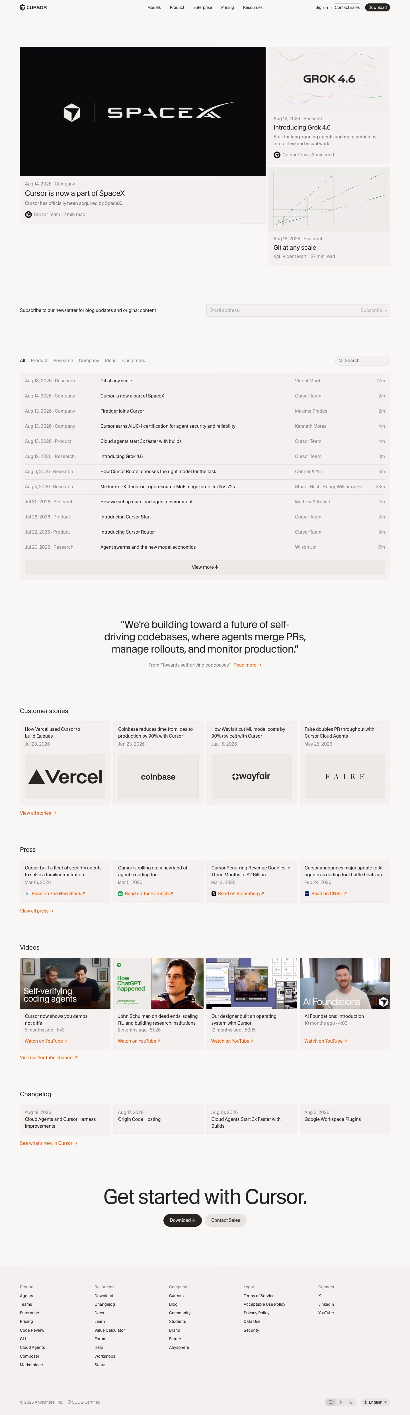 Cursor Blog pages section design